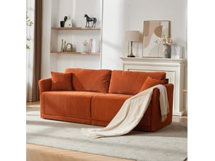 Canapé convertible 2 places avec couchage d'appoint, accoudoirs en bois et pieds métalliques en velours côtelé orange
