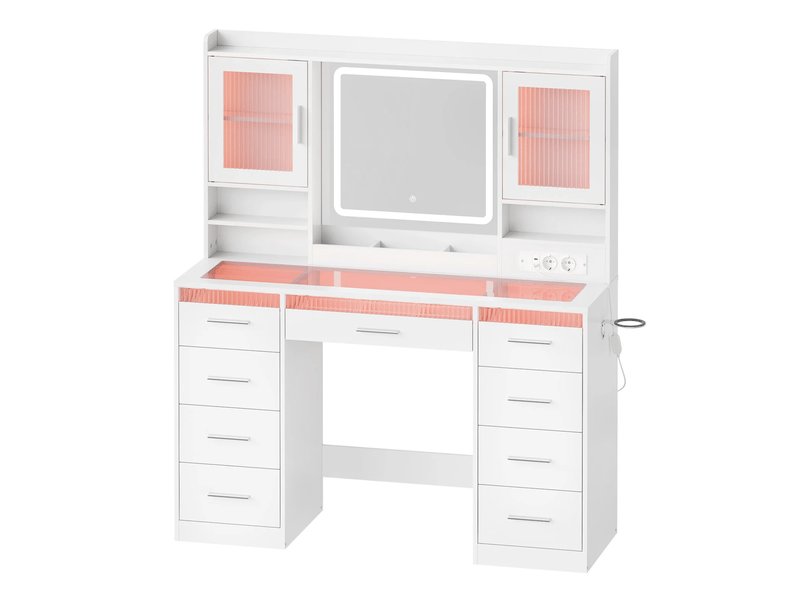 Coiffeuse avec miroir led, 9 tiroirs, 2 armoires et étagères réglables, prise usb type c, chambre, blanc - Conforama A