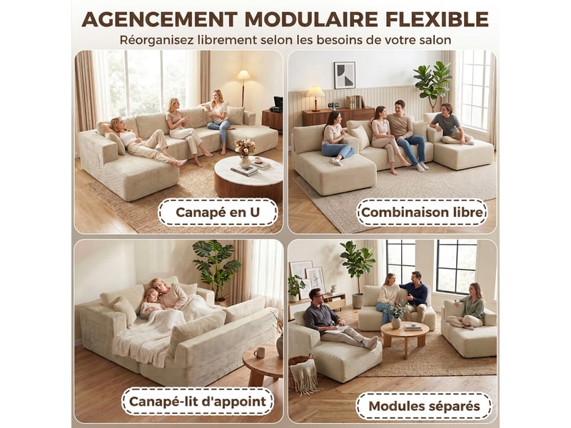  Canapé modulaire en u compressé 337 cm, canapé convertible 4 places en velours côtelé, crème, assise large  - Conforama E