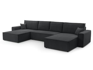 Canapé d'angle panoramique convertible <strong>AX LIVING </strong> <strong>Cedria U</strong> 5 places Velours côtelé gris avec coffre de rangement