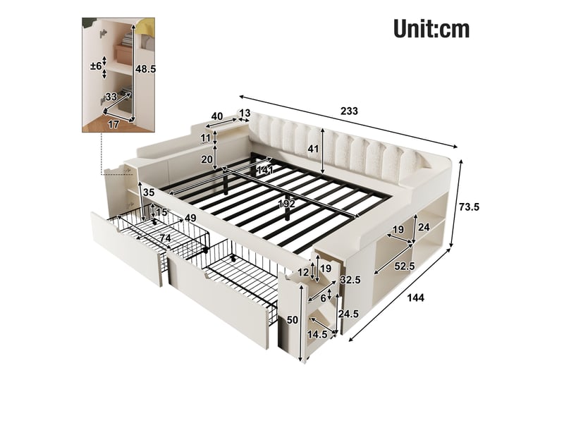 Lit banquette - 140x190 cm - sommier à lattes - 2 tiroirs - rangements intégrés - sur roulettes - prise de charge - blanc CozyNest - Conforama D