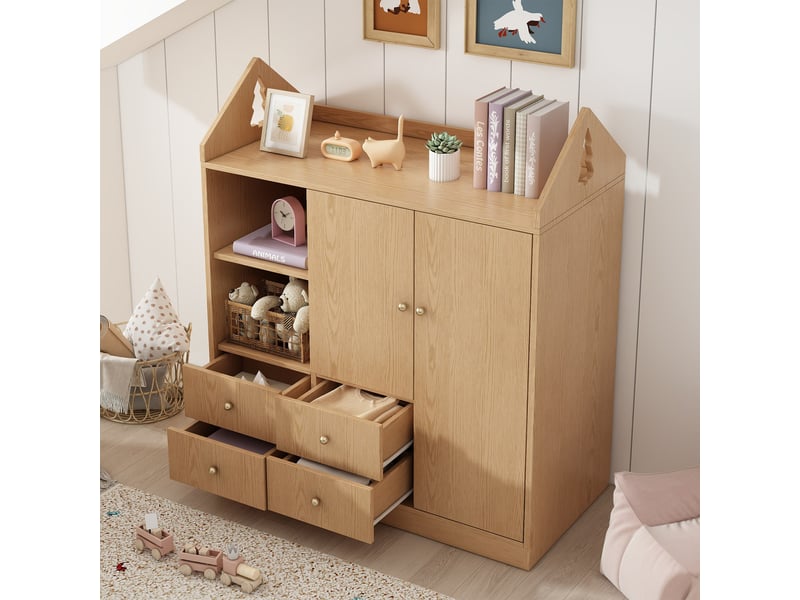  Armoire enfant 100x48x131 cm, avec penderie, 4 tiroirs, étagères, design maison, grand rangement, gain de place pour chambre - chêne  - Conforama E