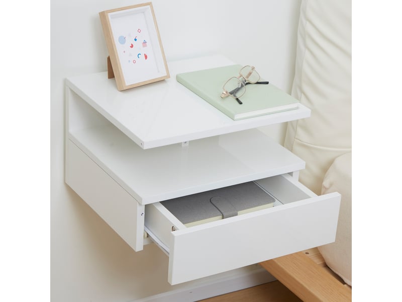  Lot de 2 tables de chevet murales tables de nuit tiroir coulissant, niche, 35 x 32 x 22,5 cm blanc, plateau  - Conforama W