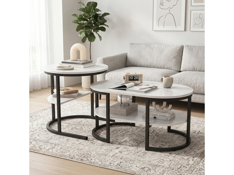  Lot de 2 tables basses gigognes , structure en métal , moderne table d'appoint rondes ,plateau aspect marbre, blanc et noir ,80 x 46 x 41 cm et ø52cm  - Conforama B