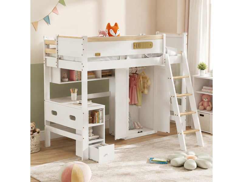  Lit mezzanine enfant 90 x 200 cm avec bureau, armoire et rangements blanc naturel  - Conforama B