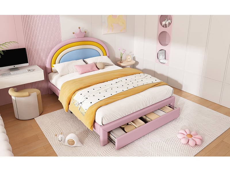  Lit enfant capitonné 140x200 cm rose pu tête de lit arc en ciel et couronne réglable avec tiroir Sol Morn - Conforama B