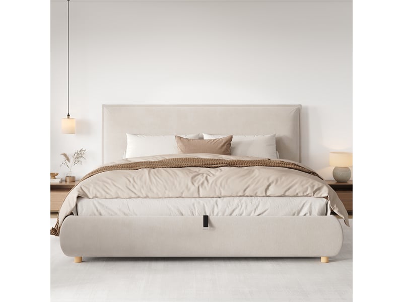  Lit coffre hydraulique 180x200 - lit double avec tête capitonnée velours - sommier lattes - creme  - Conforama B