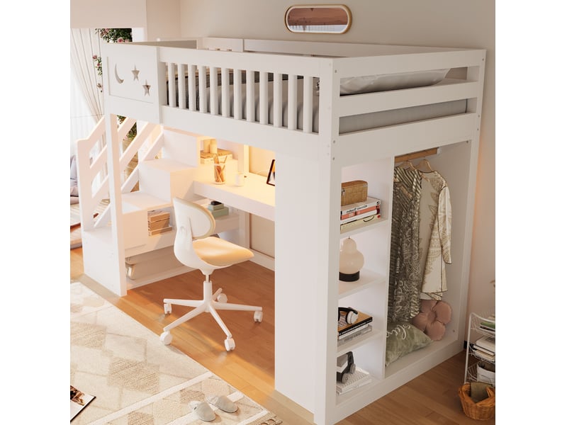 Lit mezzanine 90 x 200 cm blanc en bois, bureau avec led et prises, rangements et penderie ouverte intégrée - Conforama B