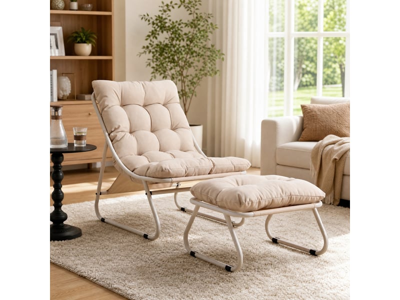  Fauteuil de jardin beige avec repose-pieds, coussins épais et structure métal, idéal pour lire et se détendre  - Conforama B
