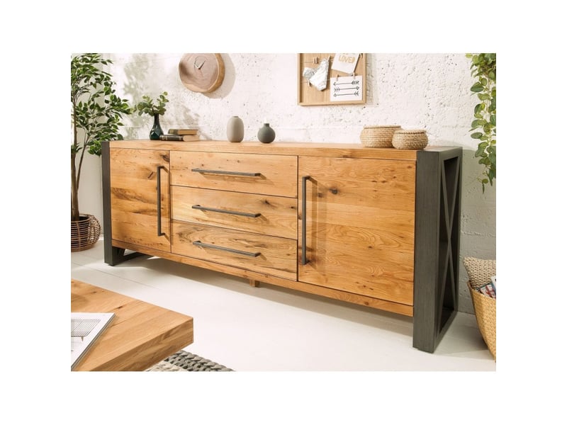 Buffet cavara 200 cm en chêne massif et métal noir – 2 portes, 3 tiroirs et grands rangements - Conforama B