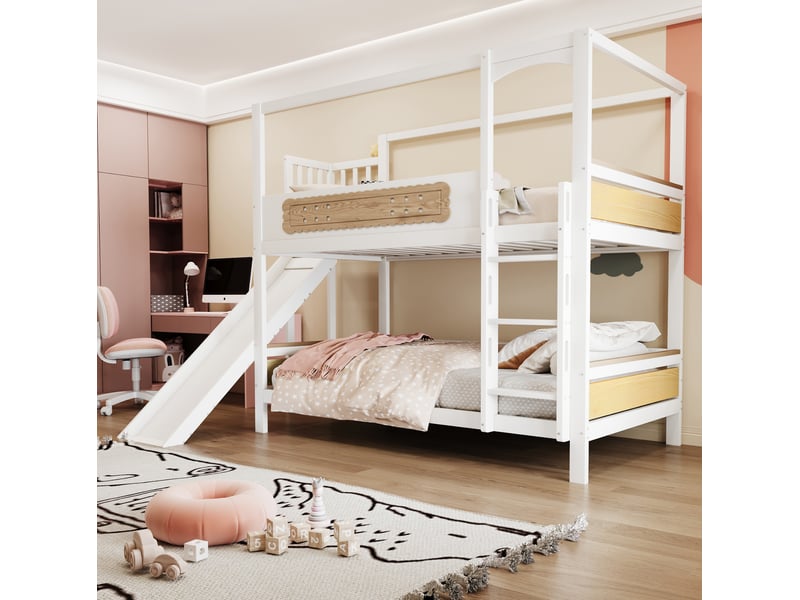  Lit superposé enfant 90x200 cm avec cadre maison, toboggan et échelle large  - Conforama D
