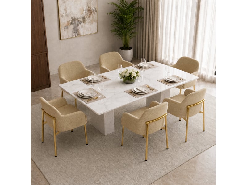  Lot de 6 chaises de salle à manger avec accoudoirs 61x59x78,5 cm, patins réglables, polyester fer, marron et doré  - Conforama B