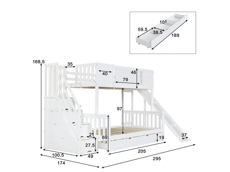  Lit superposé 90x200120x200 cm avec toboggan, lit enfant avec escalier de rangement et tiroir gigogne, bois de pin massif et mdf, blanc  - Conforama E