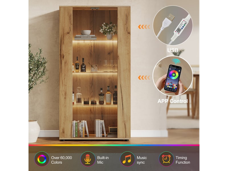  Vitrine naturel, verre, 80 × 36 × 150 cm, 2 portes vitrées, 4 étagères et éclairage led pour salon et séjour moderne  - Conforama C