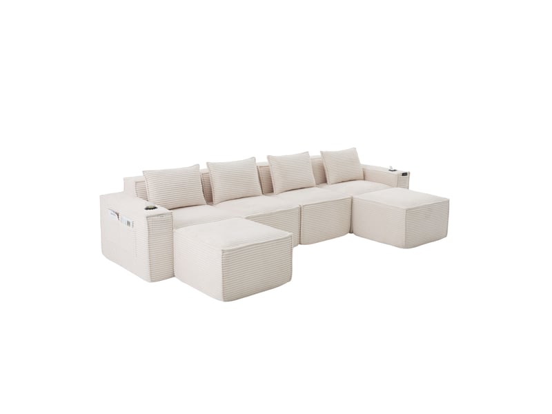 Canapé modulaire 4 places en velours côtelé beige avec 2 poufs, ressorts et mousse haute densité, rangement et porte-gobelets - Conforama A