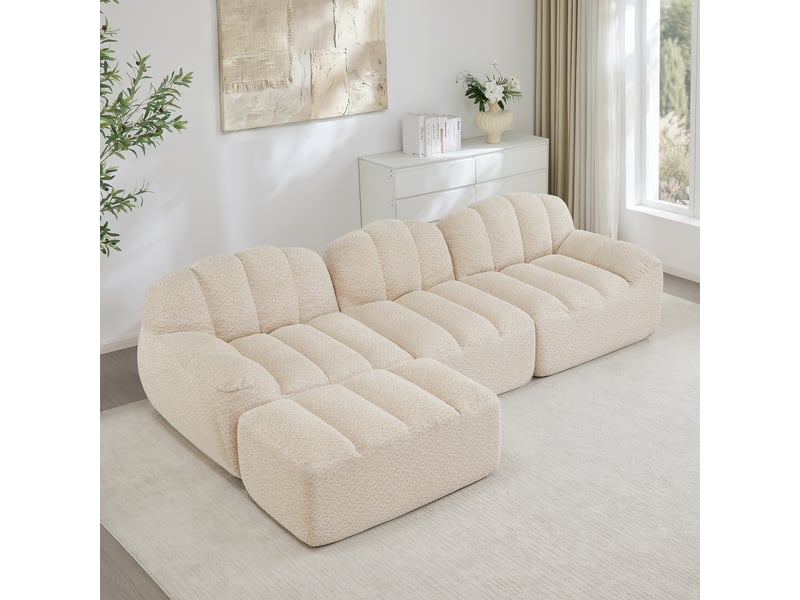  Canapé d'angle modulaire 3 places avec ottoman et assise profonde en fleece granuleux, beige blanc  - Conforama B