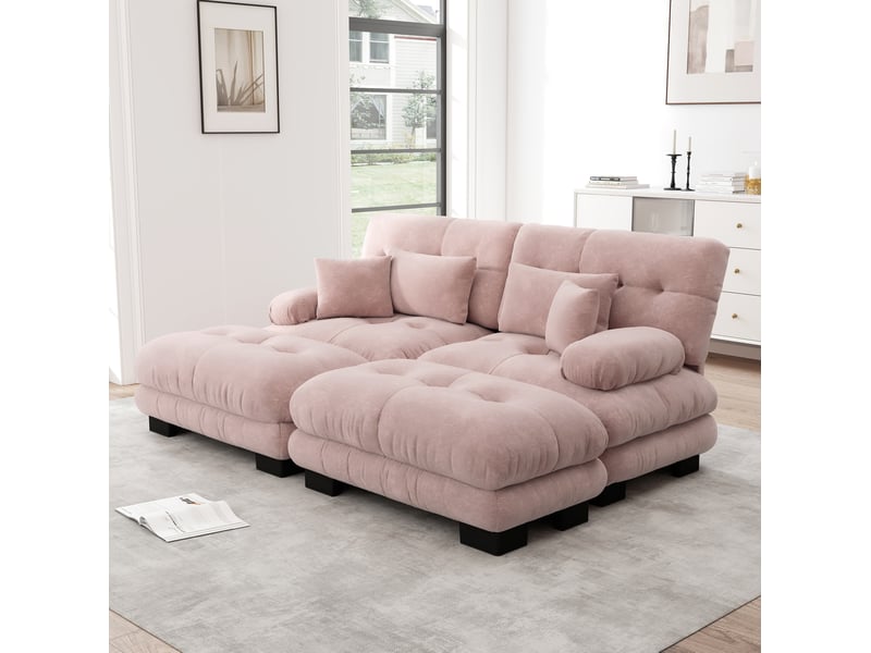  Canapé d'angle modenvie modulable 2 places en chenille rose 220 x 145 cm avec 2 ottomans  - Conforama B