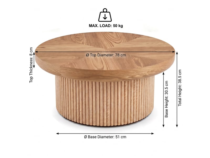  Table basse ronde 78x78x38,5 cm - avec plateau en parquet de bois véritable enchâssé et piétement tambour cannelé – mdf - naturel  - Conforama C