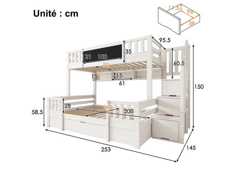  Lit superposé 90x200140x200 cm - lit simple et double enfant avec escalier et tiroirs de rangement, tableau à craie - mdf - sans matelas - blanc  - Conforama C