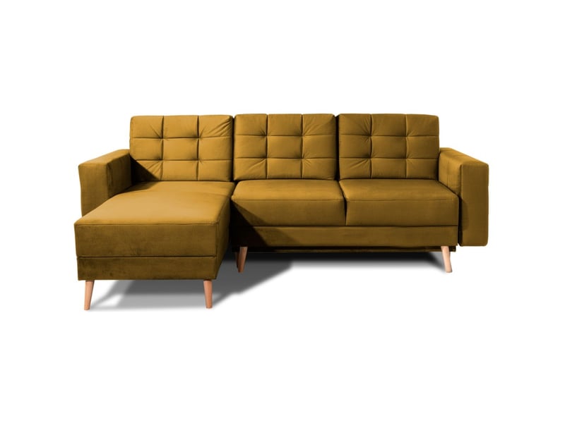 Canapé d'angle convertible hasgard 3 places jaune 248x162 cm – coffre et pieds bois - Conforama A