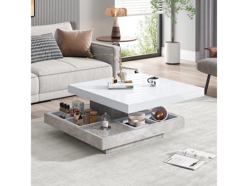 Table basse pivotante 360 double plateau finition brillante, table de salon blanche marbre avec rangement 70x70x36cm - Conforama C