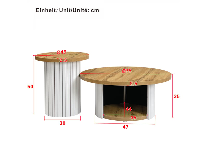  Table basse, table ronde double, table d'appoint avec plateaux en bois naturel. Table de salon multifonctionnelle  - Conforama C