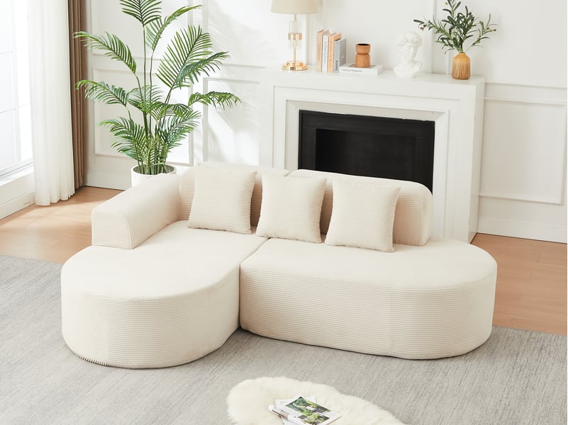  Canapé d’angle 4 places en velours côtelé, angle gauche, lignes courbes, 220 × 155 × 70 cm, beige  - Conforama B