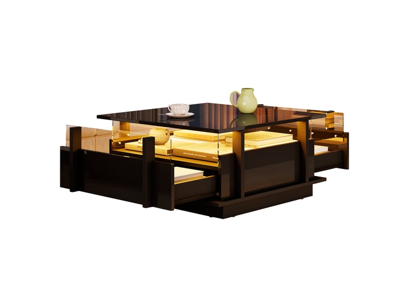  Table basse noire brillante carrée 70x70 avec éclairage led 2 tiroirs et bords acrylique  - Conforama A