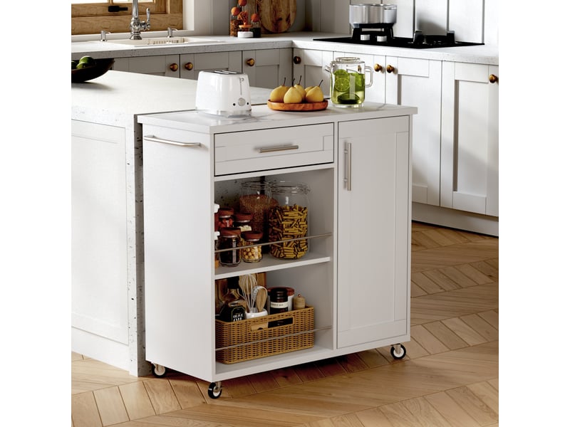  Desserte de cuisine,90x62x90 cm,avec rangement,mdf,blanc effet marbre  - Conforama E