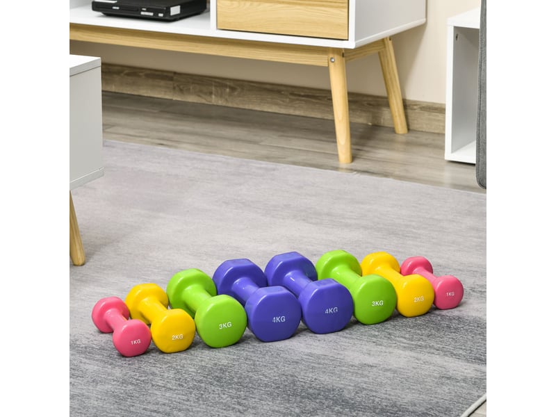  Ensemble 8 haltères hexagonales 20 kg (4 paires : 4321 kg), néoprène antidérapant, domicile, multicolores.  - Conforama D