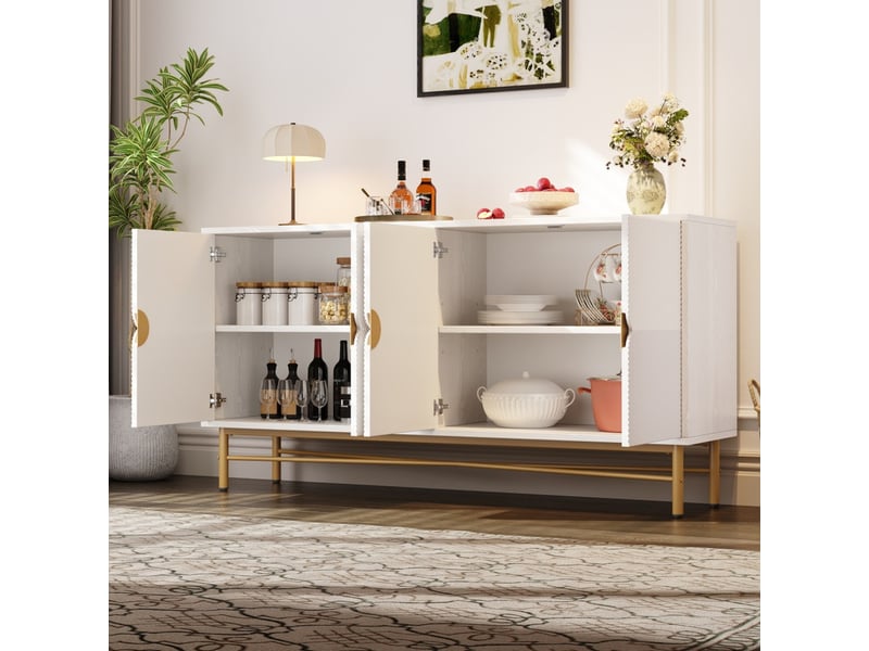 Buffet, 160 × 40 × 82 cm, armoire de cuisine avec quatre portes, poignées dorées brossées et pieds brillants, blanc - Conforama D