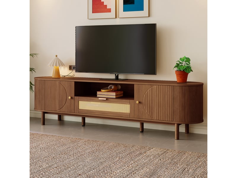  Meuble tv avec 2 portes, tiroirs et niche ouverte pour salon en mdf 175×36×51 cm noyer  - Conforama B