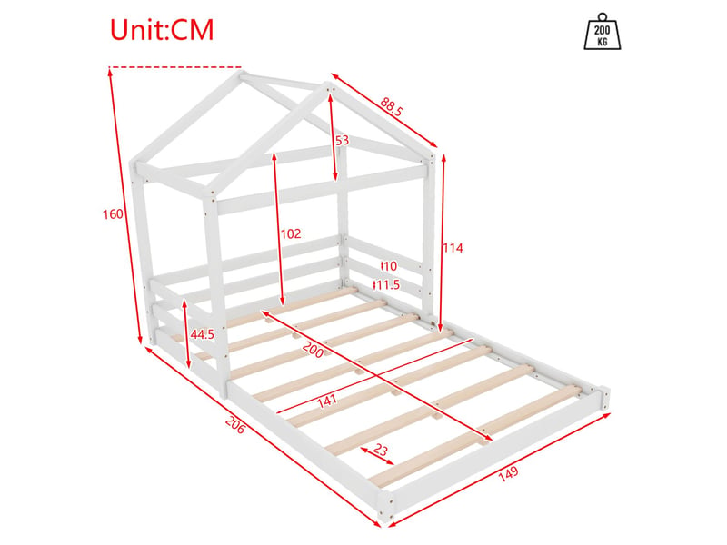  Lit cabane enfant 140x200 -  style minimaliste - lit enfant - bois de pin massif blanc, forme maison, sommier inclus - blanc  - Conforama C