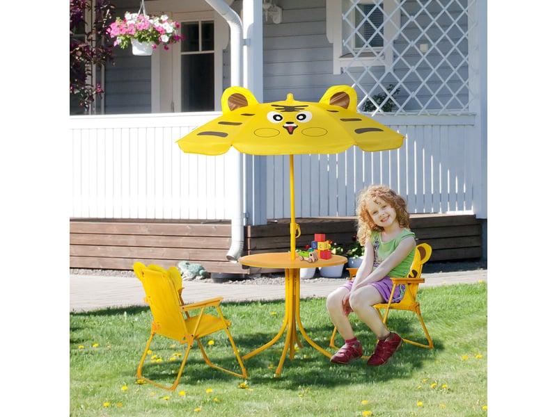  Ensemble de jardin 4 pièces pour enfants comprenant 2 chaises, un parasol et une table ronde, en tissu oxford acier et jaune.  - Conforama B