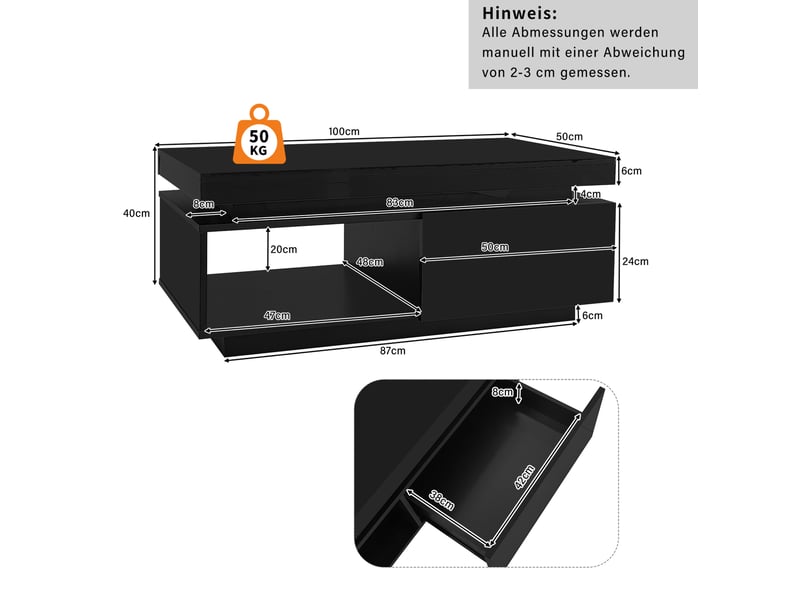  Table basse avec 1 tiroir et led, finition brillante, pour salon, 100 × 50 × 40,3 cm  - Conforama D