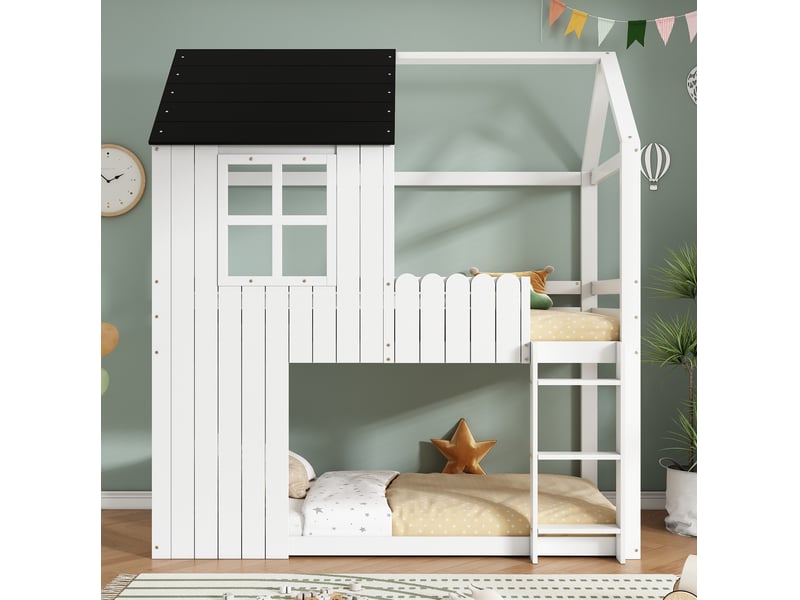  Lit mezzanine enfant 90 x 200 cm avec toit, escalier, pin et mdf, blanc et noir  - Conforama B