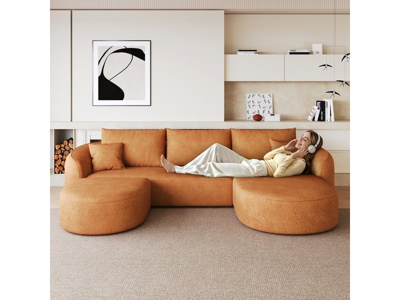  Canapé d'angle droite 3 places en u canapé modulable canapé compressé en chenille avec méridienne et pouf, orange  - Conforama B