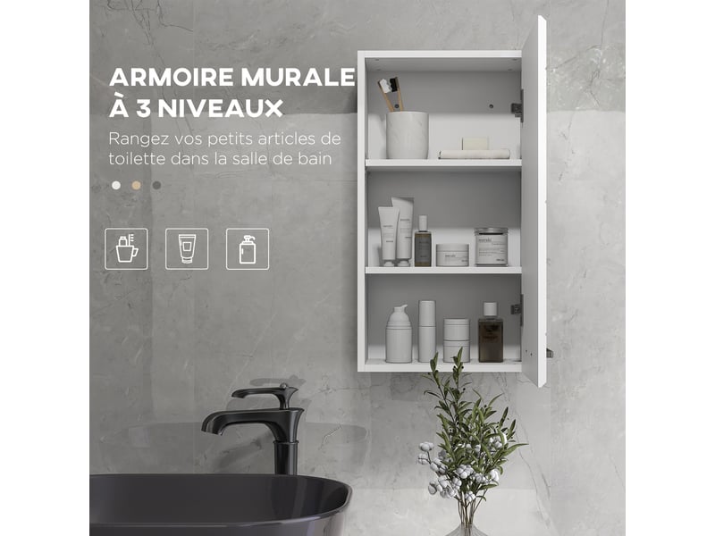  Armoire murale de salle de bain 1 porte, mdf blanc brillant, 37 x 22,5 x 70 cm  - Conforama R