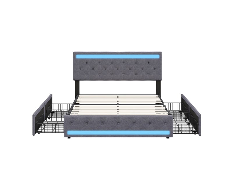  Lit 180x200cm - lit double 180x200 - avec sommier, 4 tiroirs de rangement, tête de lit avec led rgb, prise usb type-c - gris foncé  - Conforama A