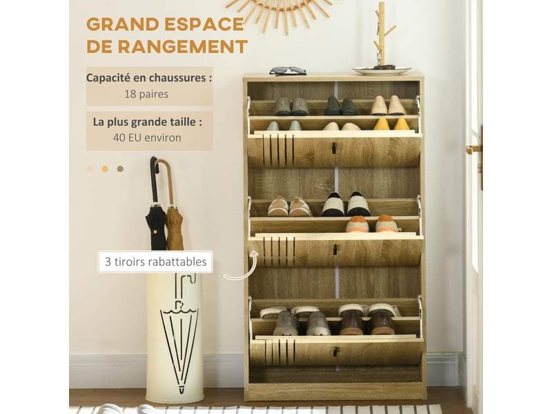  Meuble à chaussures à 3 abattants 18 paires grande capacité pour entrée couloir salon 63 x 24 x 117 cm chêne  - Conforama E