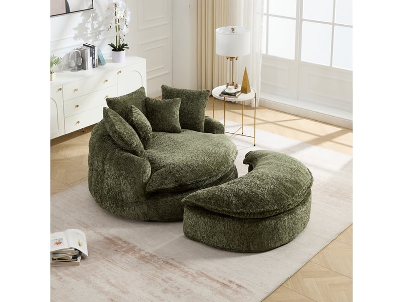  Canapé lounge xxl 1 place 190,5x138x63 cm, chaise longue ronde en polyester, assise profonde en mousse haute densité, coussins, sans montage, vert  - Conforama D