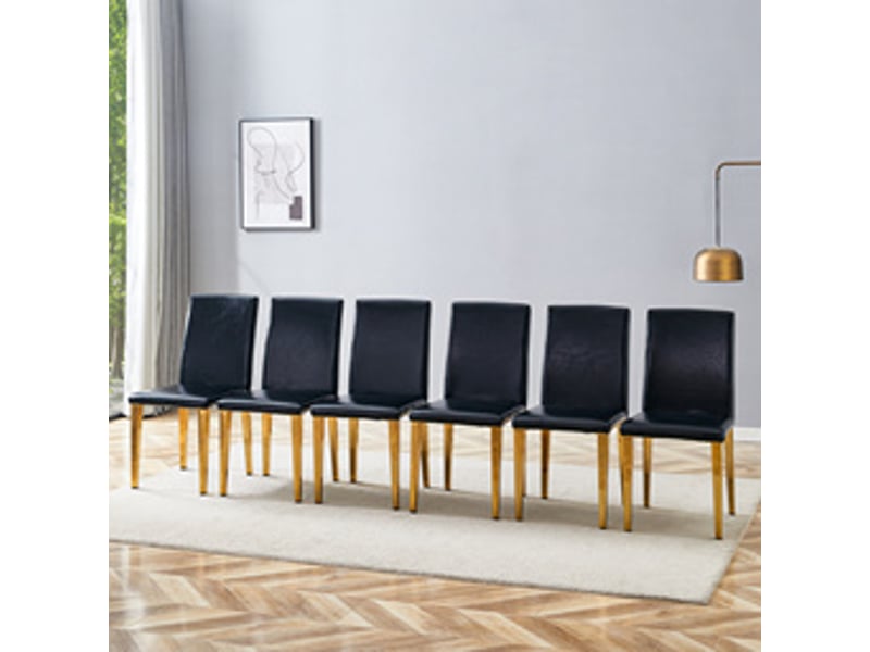  Lot de 6 chaises de salle à manger design, simili cuir noir et pieds métal dorés brillants, style luxe léger européen pour salle à manger et salon  - Conforama B
