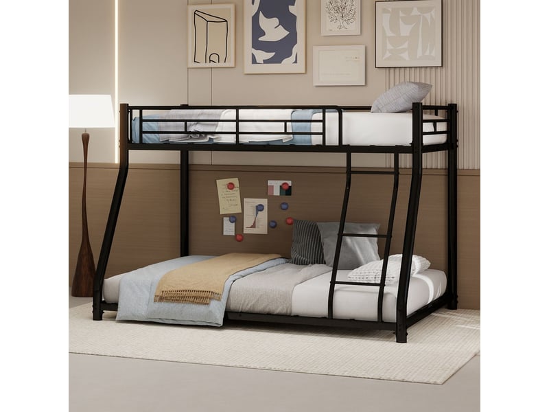  Lit superposé 90x190 et 140x190 cm métal noir robuste silencieux - lit double - avec échelle, barrières de sécurité, gain d'espace  - Conforama B