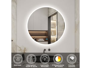 Aica miroir de salle de bain 120cm, miroir led rond avec 3 couleurs lumière, dimmable, anti-buée