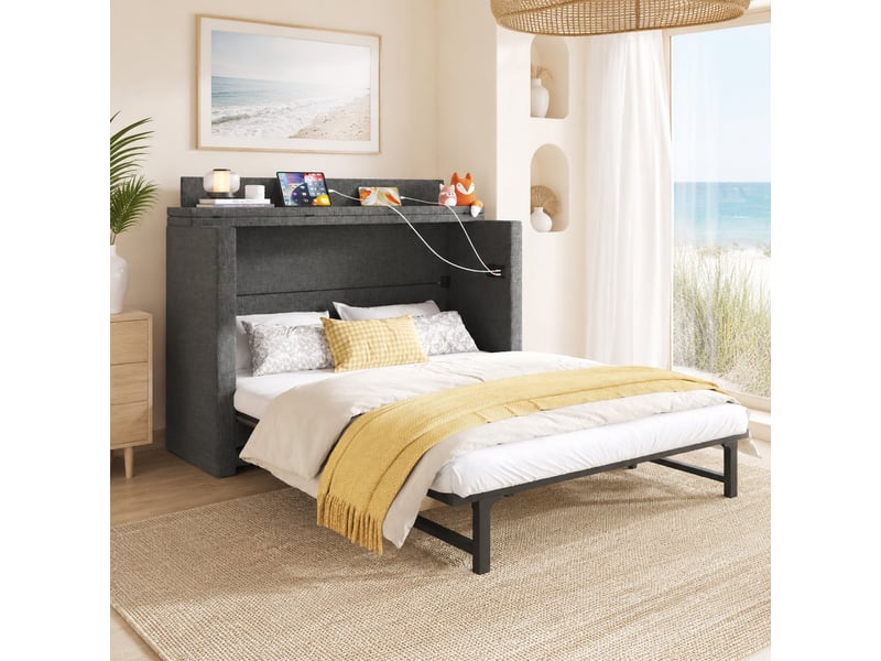 Armoire-lit 140 x 200 cm gris en lin avec tiroir, ports usb et type-c  - Conforama B