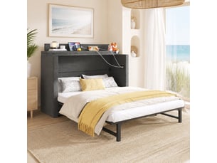 Armoire-lit 140 x 200 cm gris en lin avec tiroir, ports usb et type-c