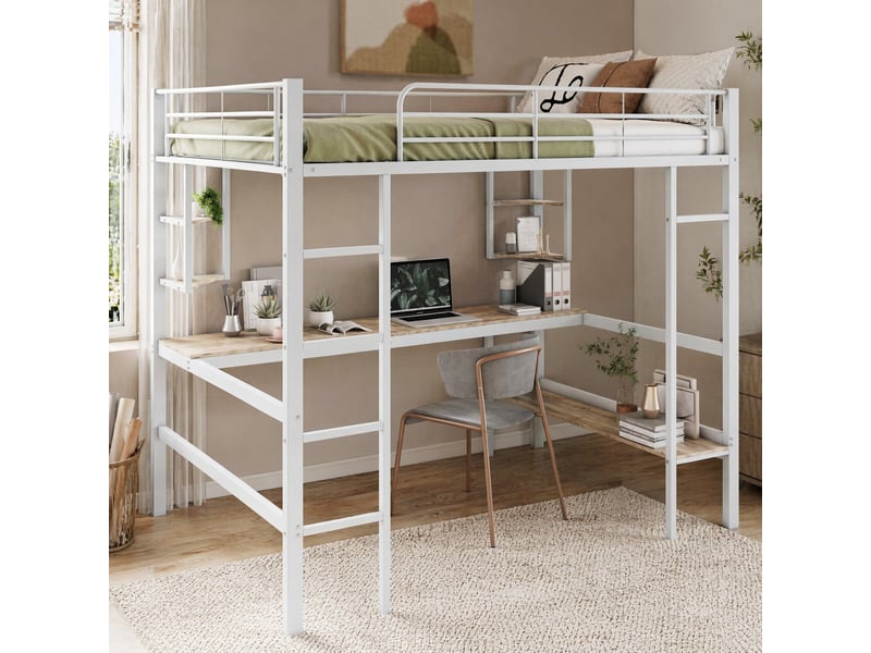  Lit mezzanine 140x200 cm en métal avec bureau, étagères et bibliothèque, blanc  - Conforama B