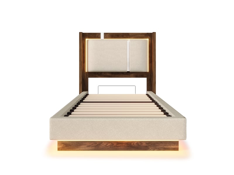  Lit coffre 90x200 cm, lit enfant, sommier à lattes, rangement hydraulique, led, lin beige, noyer  - Conforama B