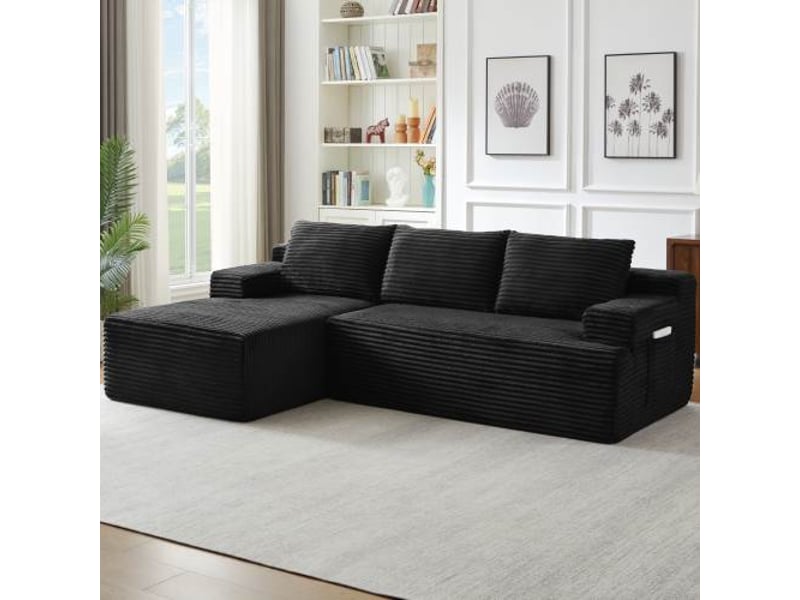  Canapé d’angle l (à gauche) modulable 4 places 238 x 152 x 66 cm, assise profonde, convertible et sans montage, velours côtelé, noir OMNIGLINT TRADING LTD - Conforama C