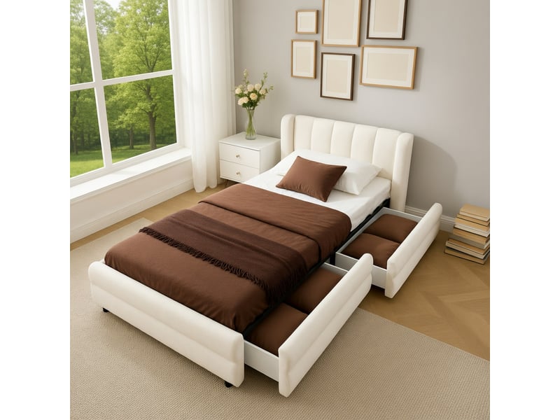  Lit d'enfant 90 x 200 cm, avec tiroir de rangement, prise usb, tissu chenille, beige  - Conforama D